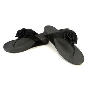FitFlop Yoko Women's Thong Flower Sandals Black Suede Comfort Wedge Slip On Sz 9